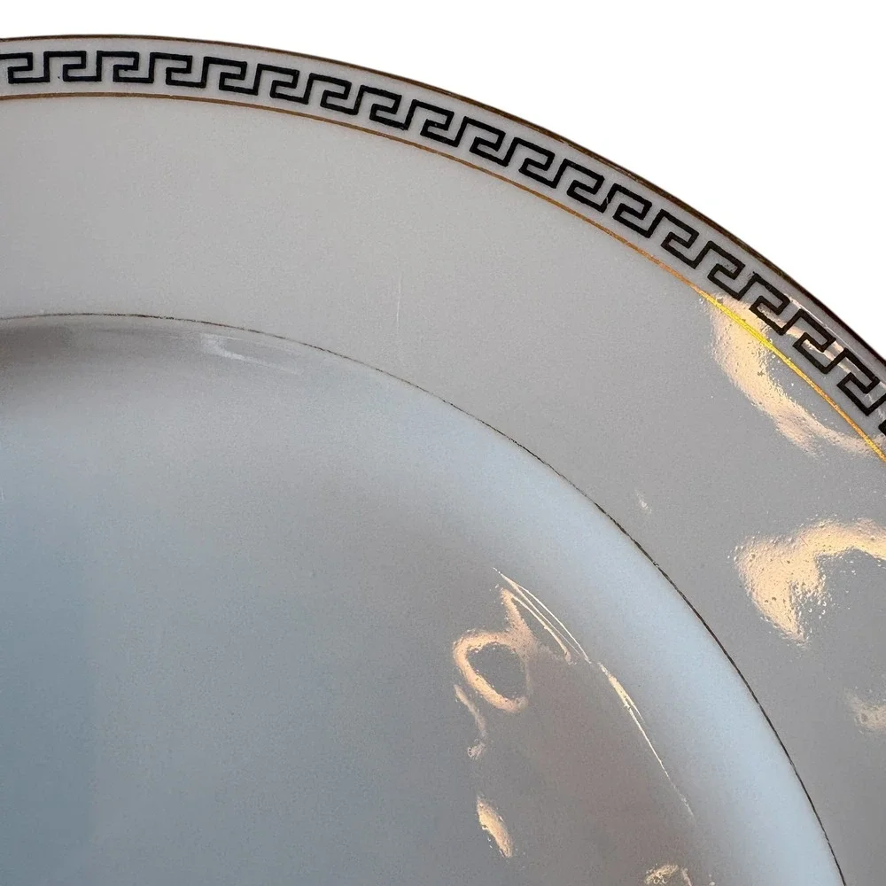 T&V Limoges France VINTAGE 10 Greek Key Dinner‎ Plates White Gold Black 10